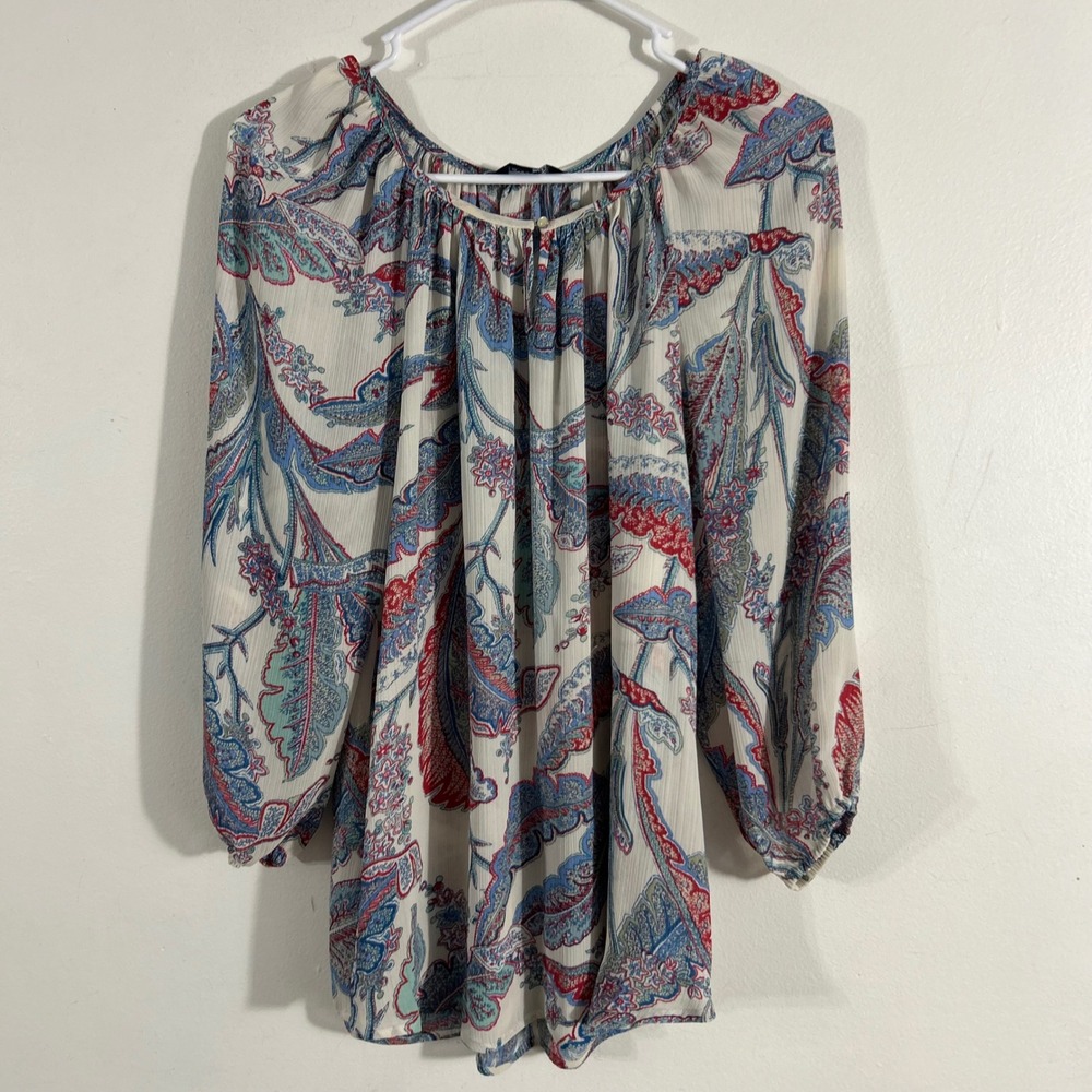 Chaps Peasant Blouse Womens Medium M Blue Red Paisley 3/4 Sleeve  Boho